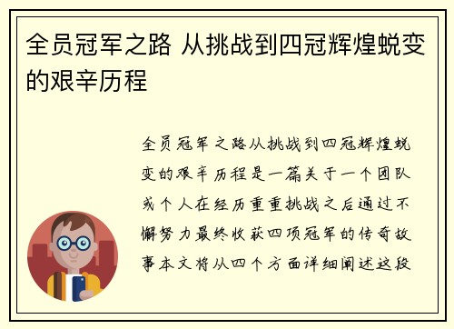 全员冠军之路 从挑战到四冠辉煌蜕变的艰辛历程