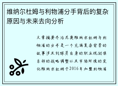 维纳尔杜姆与利物浦分手背后的复杂原因与未来去向分析